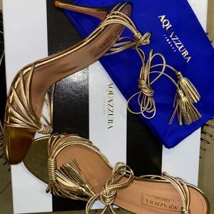 AQUAZZURA SOFT GOLD TASSEL HEELS
